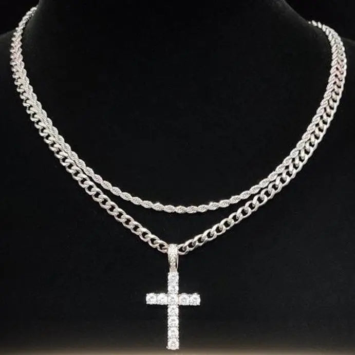 Men's Stainless Steel Double Cuban Link Chain Necklace - Iced Out Chunky Chain Jewelry, Double Layer Cross Clavicle Ornament, Hip-Hop Style Concert Accessory with High Quality Look