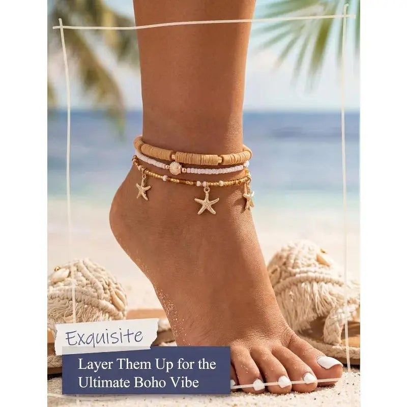 CASSIECA 6Pcs Ankle Bracelets for Women Waterproof Beaded Anklet Bracelet Set Layered Boho Starfish Seashell Summer Beach Jewelry