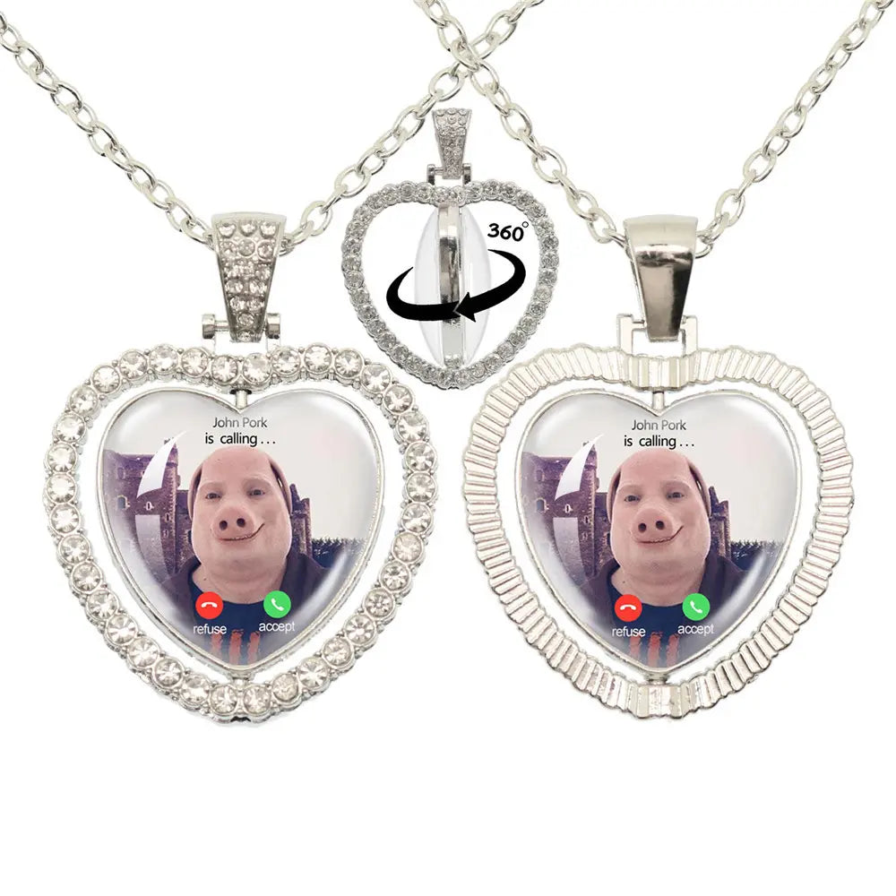 Whimsical John Pork Calling Phone Graphic Pig Necklace - Costume Jewelry for Women, Quirky Gift Accessories for Women, Moon Design POP Style Necklaces