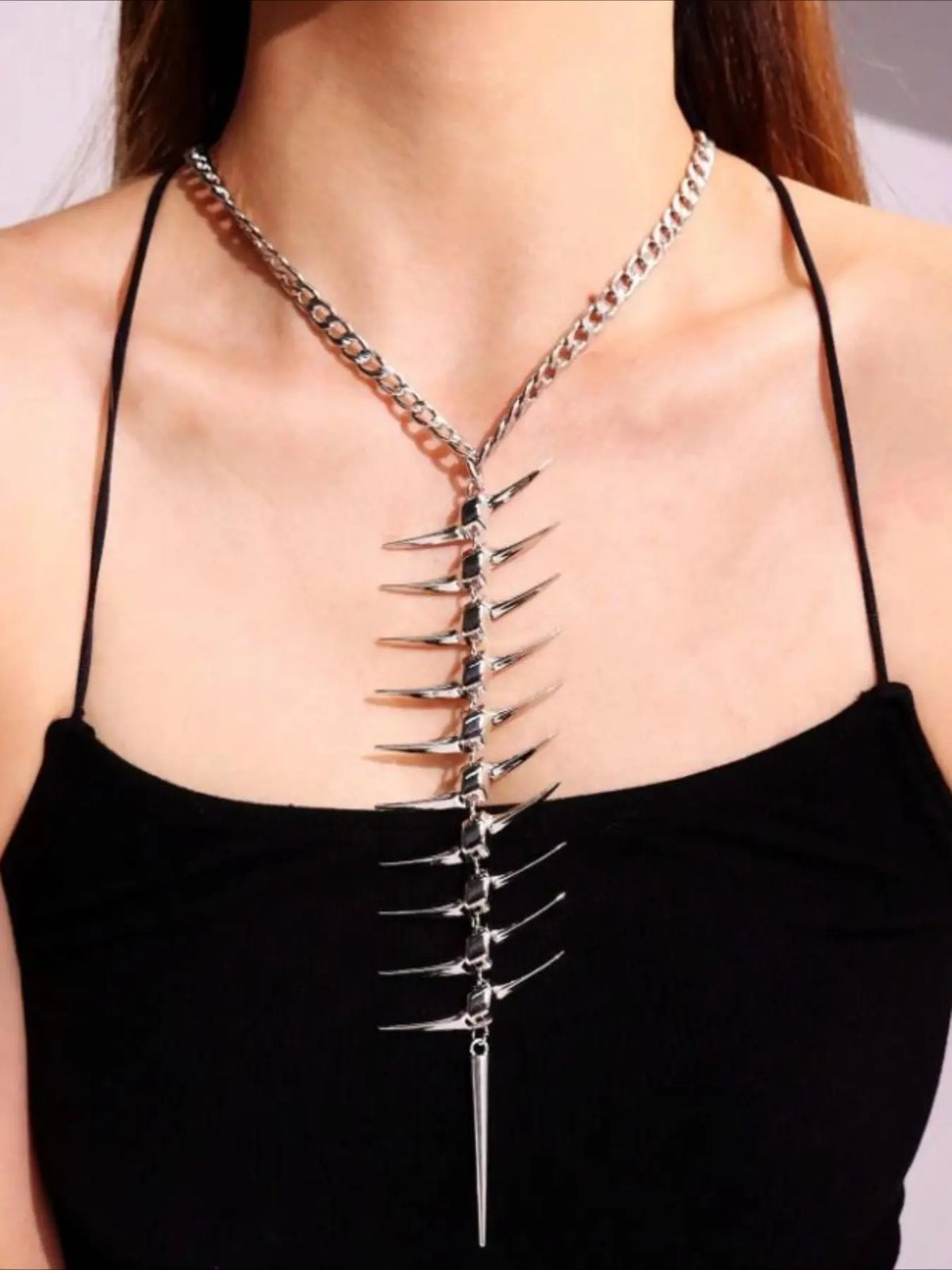 Trendy Retro Thorn Fish Bone Bone Bone Long Exaggerated Necklace for Men and Women, Hip-hop Trend Street Style Party Personalized Necklace, Fashion Necklace