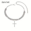 Women's 2-Piece Sparkle Cross Alloy Anklet Set, Shining Stones Cubic Zirconia Pendant Double-Layer Daily Fashion Costume Jewelry, Anklets for Women, 2 Sizes (18cm Included)