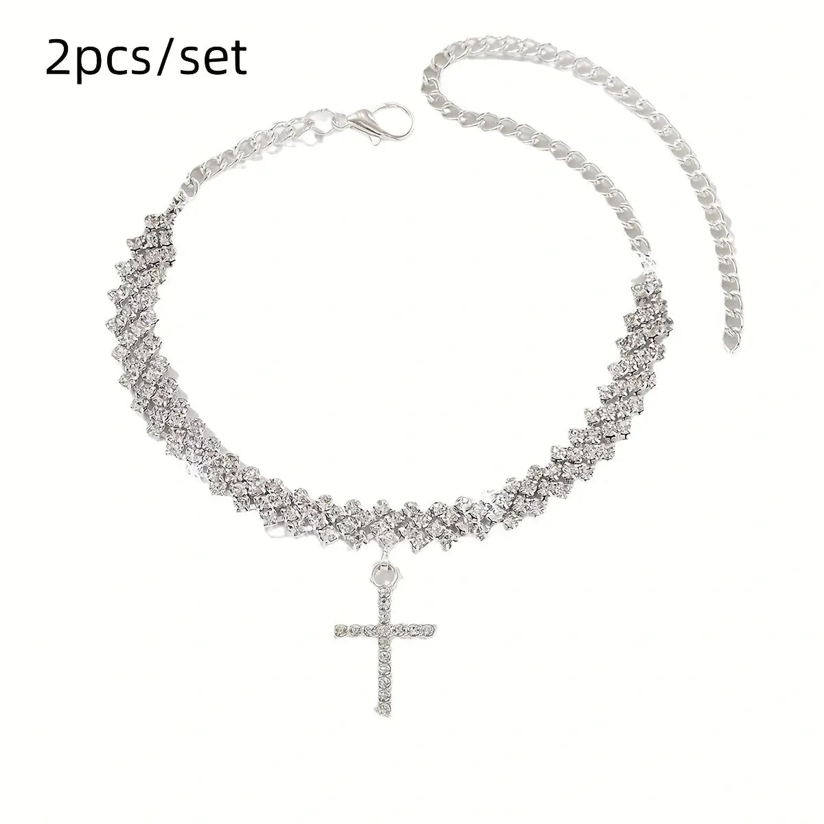 Women's 2-Piece Sparkle Cross Alloy Anklet Set, Shining Stones Cubic Zirconia Pendant Double-Layer Daily Fashion Costume Jewelry, Anklets for Women, 2 Sizes (18cm Included)