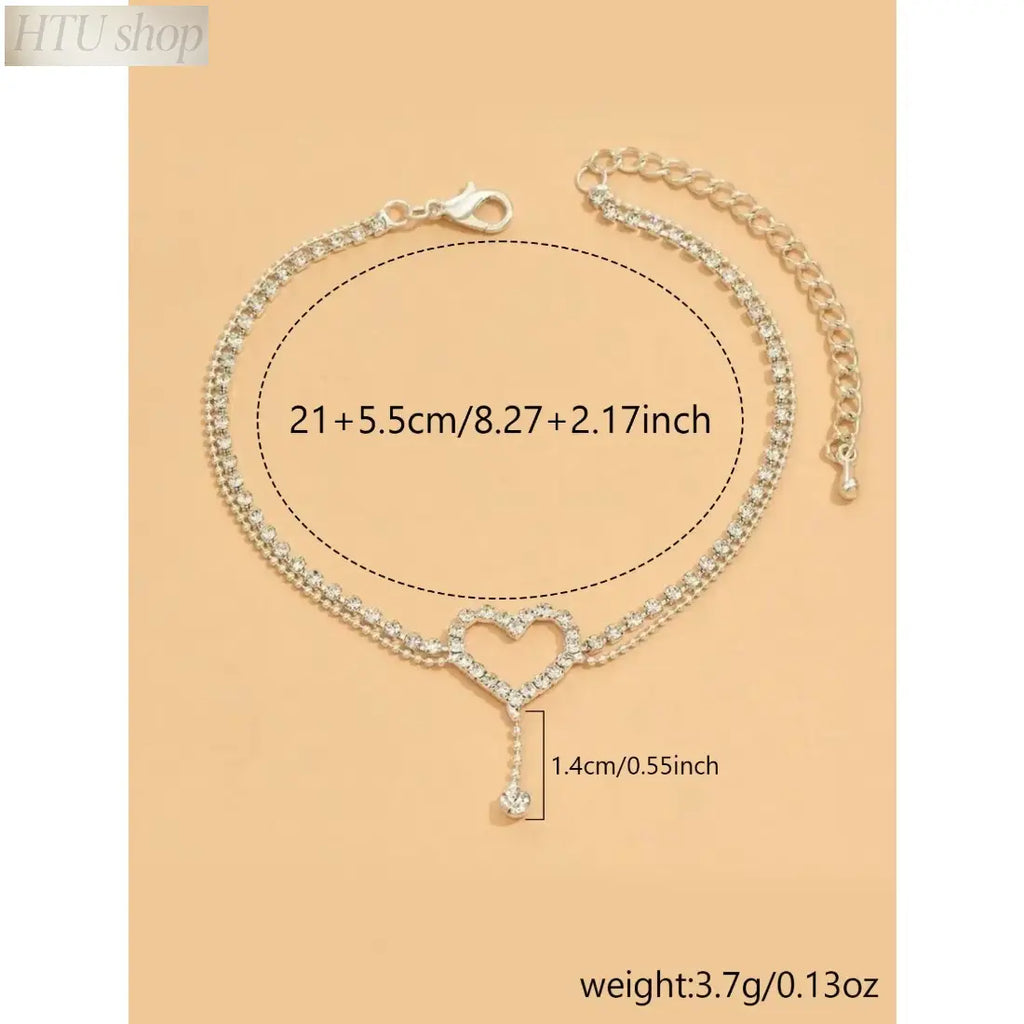 Elegant Heart Rhinestone Gems Anklet for Women - Stainless Steel Chain Foot Jewelry with Rhinestone Accents, Light Luxury Casual Style, Ideal for Daily Wear, Beach Date Night Gift, Wearable Jewelry,sohochic