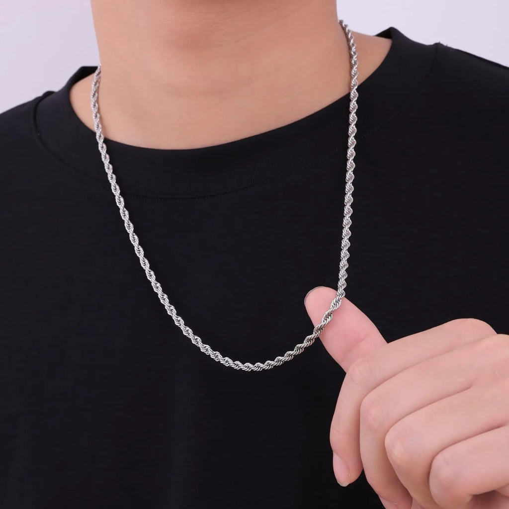 3mm Rope Chain Necklace for Men and Women (unisex), Stainless Steel Silver Chain, 18, 20, 22, 24 inches men accessories