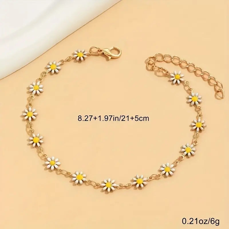 Teen Girls' 1pc Chrysanthemum Daisy Chain Metal Anklet - Trendy Fashionable Jewelry Accessories, Flowers Design, Adds Polished Shine, Summer Daily Costume Jewelry Gift