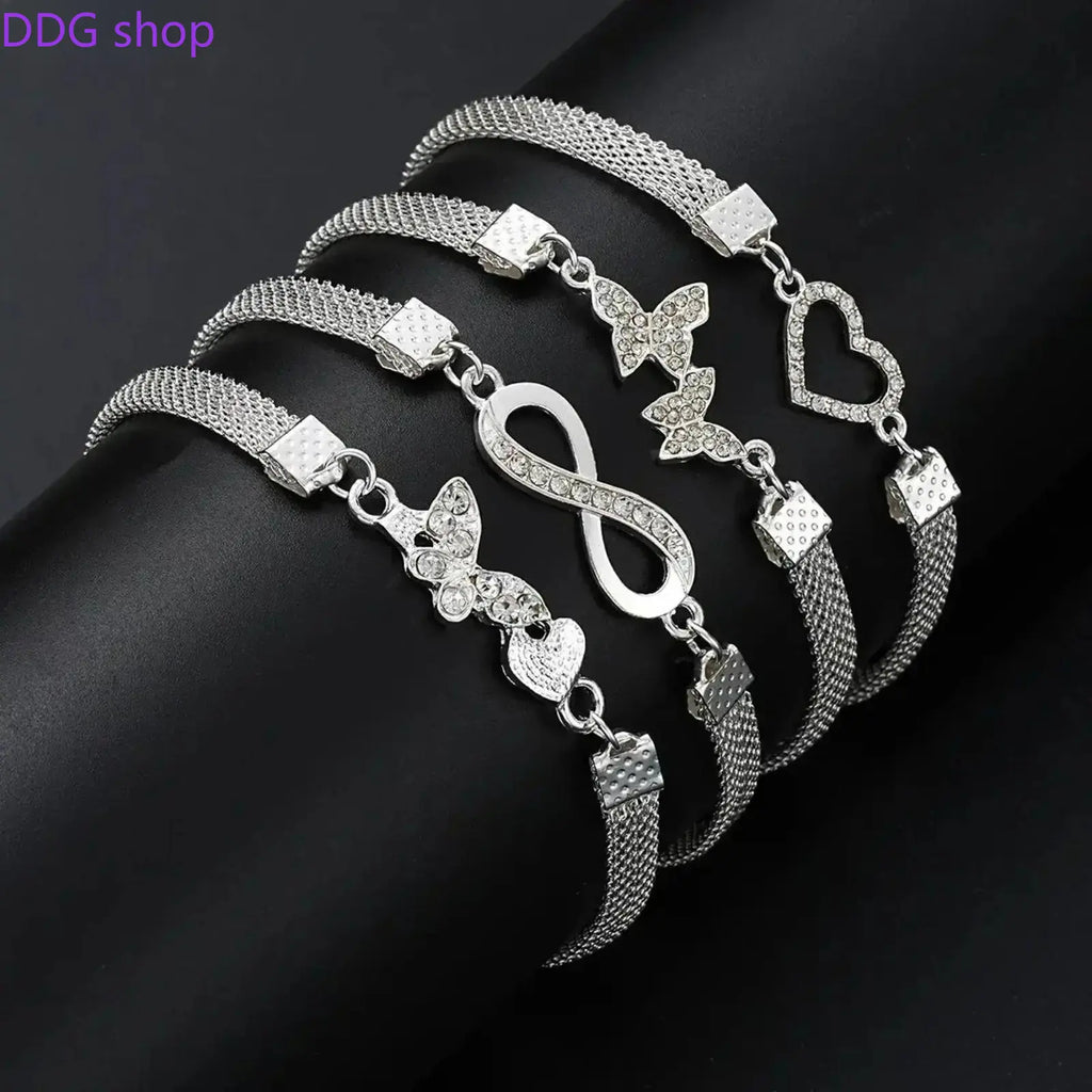 4Pcs Shiny Stackable Anklet Set for Women, Elegant Butterfly & Heart Design with Synthetic Zirconia, Fashion Chain Foot Jewelry, Versatile Daily Wear Accessory & Perfect Gift