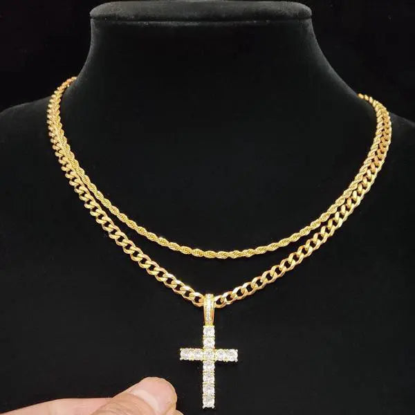 Men's Stainless Steel Double Cuban Link Chain Necklace - Iced Out Chunky Chain Jewelry, Double Layer Cross Clavicle Ornament, Hip-Hop Style Concert Accessory with High Quality Look