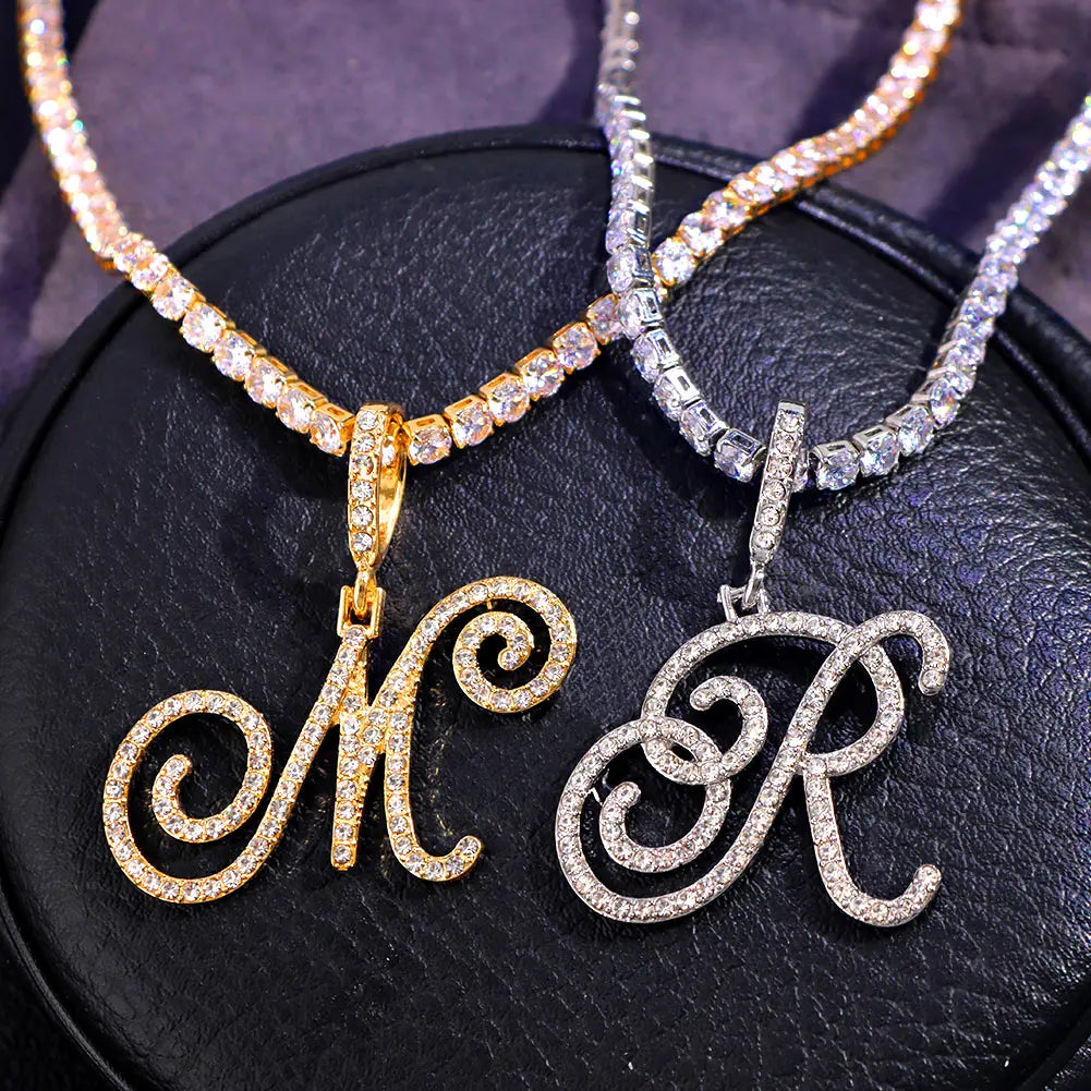 New Chunky Letter Cursive Cubic Zirconia Initial Necklace - 26 Alphabet Pendant, Gold-Silver Color, Hip Hop Costume Jewelry Necklaces, Fashion Accessory, Initial Necklaces