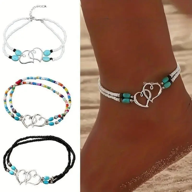 Women's 3pcs Slim Lightweight Boho Beaded Heart Multi-Layer Anklet Set - Adjustable Universal Fit, Female Outdoor Sports Accessory with White Crystal, Dainty Beach Wear for Boho Chic Outfits, Daily Use, Birthday Gift