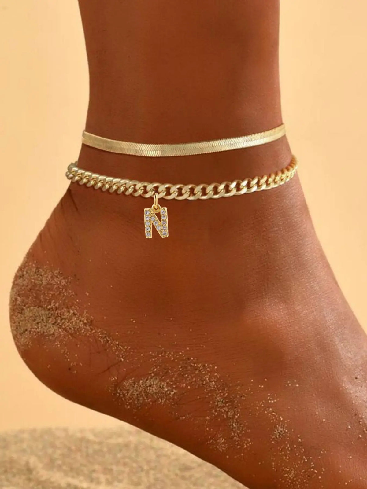 Layered Initial Anklet for Women, A-Z Letter Pendant Dainty Chain, Adjustable Personalized Summer Beach Foot Jewelry Gift for Her