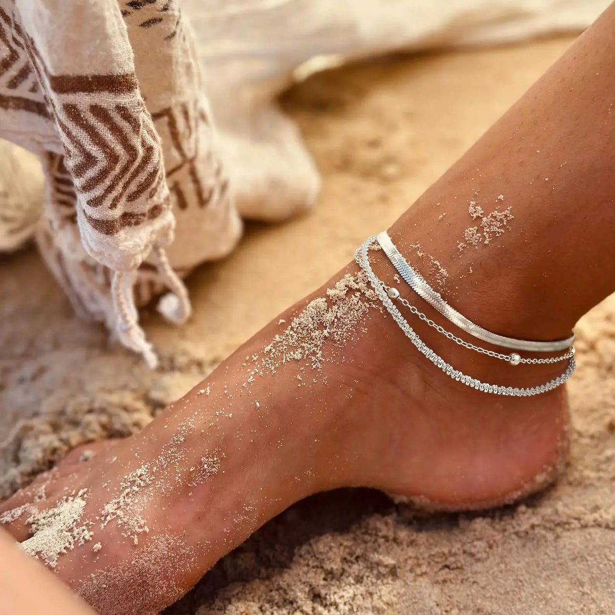 Tewiky Women's Silver Ankle Bracelet Set - Dainty Layered Waterproof Herringbone & Beaded Rope Chains, Adjustable Stackable Summer Beach Accessories, Perfect Beach Gift, Gifts for Women