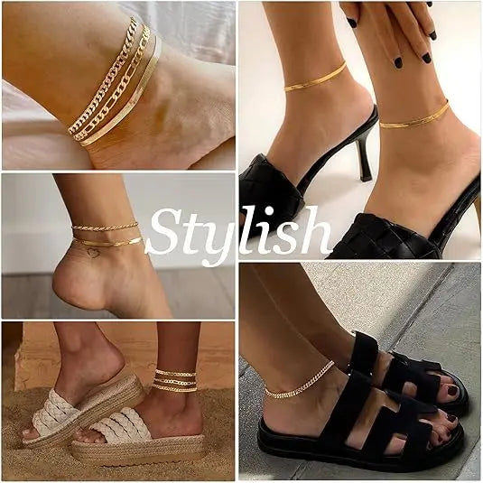 Loyalove 14K Gold Plated Ankle for Women Waterproof Dainty Cuban Link Chain Herringbone Cute Anklets Set Pack Summer Beach Jewelry Gift for Women Gift For Mother's Day