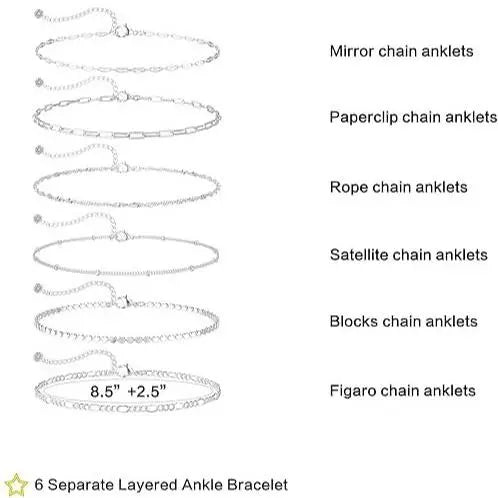 FOXGIRL Women's Waterproof All Day Adjustable Size Anklet Set (6PCS) - Herringbone Chain, Box Chain, Cuban Link, Paperclip Bead, Figaro Link Dainty Costume Jewelry for Summer Beach