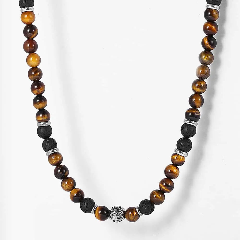 Men's 8mm Natural Tiger Eye & Lava Bead Beaded Chain Necklace - Stainless Steel Toggle Clasp, 18/20/24in, Black Onyx Accessory, Handmade, Natural Stone Pendant, Men's Jewelry, Mens Gifts, Christening/Wedding Bold Accent,sohochic