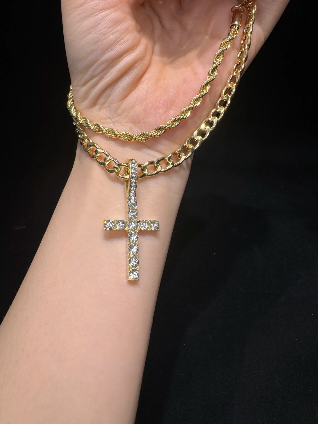 Men's Stainless Steel Double Cuban Link Chain Necklace - Iced Out Chunky Chain Jewelry, Double Layer Cross Clavicle Ornament, Hip-Hop Style Concert Accessory with High Quality Look