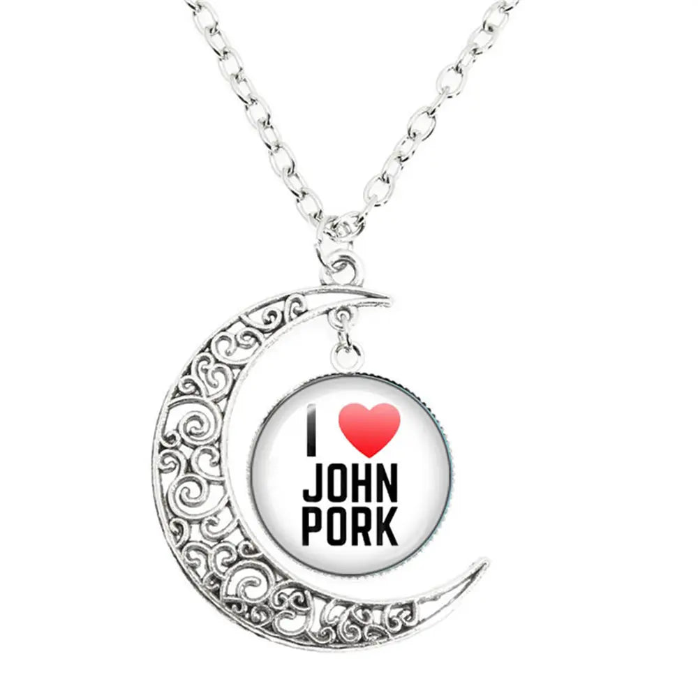 Whimsical John Pork Calling Phone Graphic Pig Necklace - Costume Jewelry for Women, Quirky Gift Accessories for Women, Moon Design POP Style Necklaces