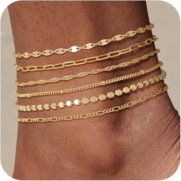 FOXGIRL Women's Waterproof All Day Adjustable Size Anklet Set (6PCS) - Herringbone Chain, Box Chain, Cuban Link, Paperclip Bead, Figaro Link Dainty Costume Jewelry for Summer Beach