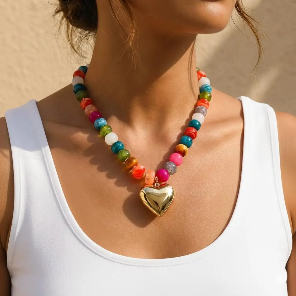 Women's Chunky Heart Choker Necklace - Colorful Resin Beaded, Gold Puffy Heart Statement, Acrylic Jewelry for Female, Accessories for Women, Colorful Sparkling Beaded Jewelry Necklaces