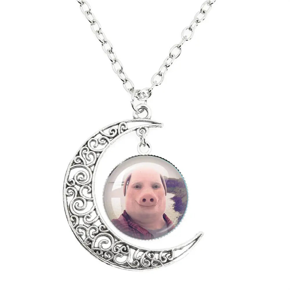 Whimsical John Pork Calling Phone Graphic Pig Necklace - Costume Jewelry for Women, Quirky Gift Accessories for Women, Moon Design POP Style Necklaces