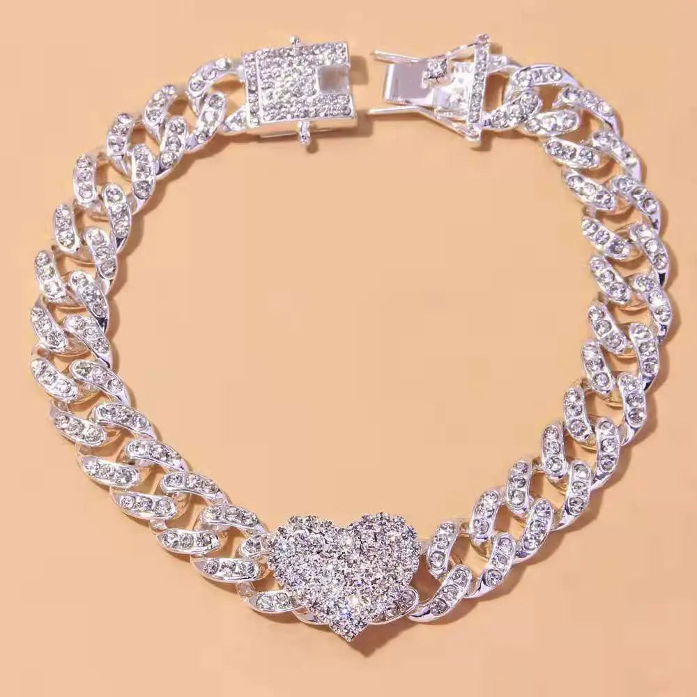 Heart Cuban Link Anklet for Women | CZ Heart Anklet | Adjustable Chain Anklet | Summer Beach Jewelry
