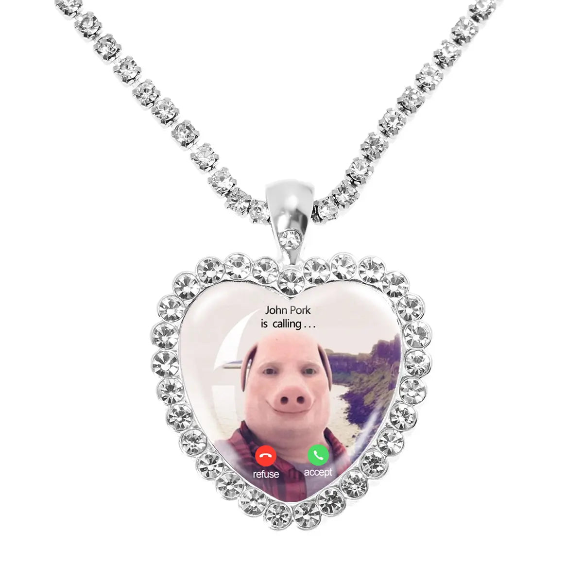 Whimsical John Pork Calling Phone Graphic Pig Necklace - Costume Jewelry for Women, Quirky Gift Accessories for Women, Moon Design POP Style Necklaces