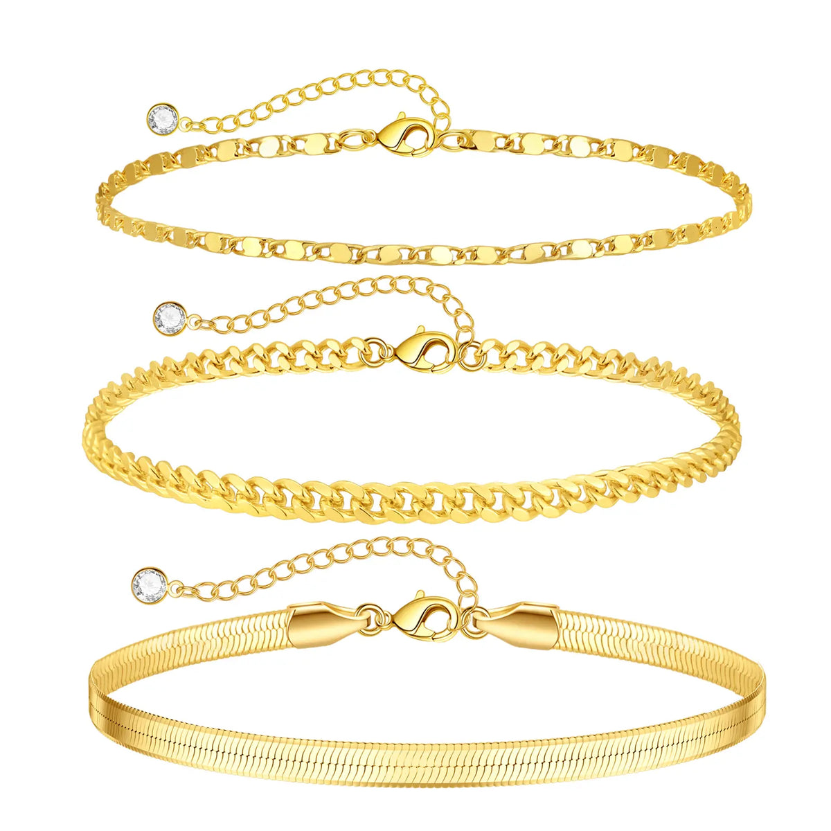 Pancert Women's 3-Layer Metal Coating Anklets - Cuba, Figaro, Golden Pearl Designs, 21cm+4cm Extender, Tarnish Proof Jewelry, Anklets for Women