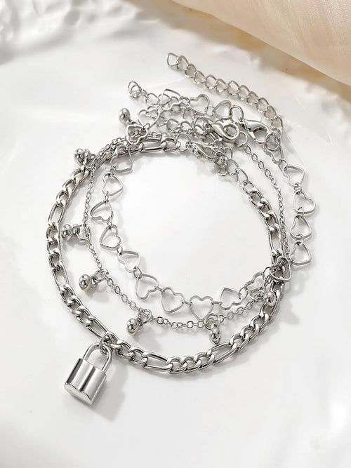3pcs/set Women's Fashion Hollow Out Heart Lock Charm Anklet, Casual Trendy Multilayer Anklet, Dainty Layered Anklet, Layered Anklet, Body Jewelry, Foot Jewelry For Women & Girls, Fashionable Jewelry, Fashionable Accessory, Fashion Cool Accessories