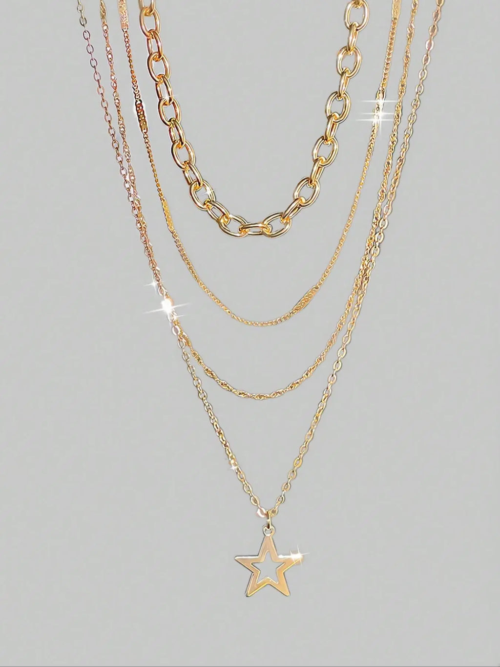 4-Piece Punk Style Star Pendant Alloy Necklace Set, Unique Layered Design, Ideal Gift for Punk Fashion Lovers, Modern Versatile Accessories, Streetwear Statement Jewelry, Fashion Cool Accessories