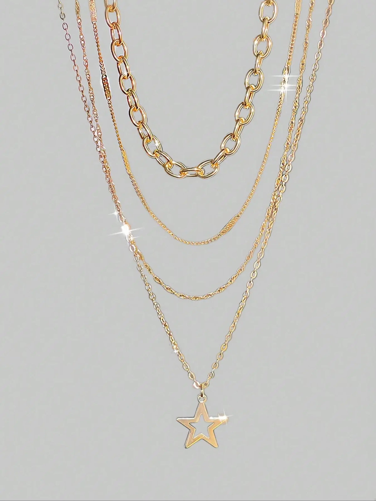 4-Piece Punk Style Star Pendant Alloy Necklace Set, Unique Layered Design, Ideal Gift for Punk Fashion Lovers, Modern Versatile Accessories, Streetwear Statement Jewelry, Fashion Cool Accessories