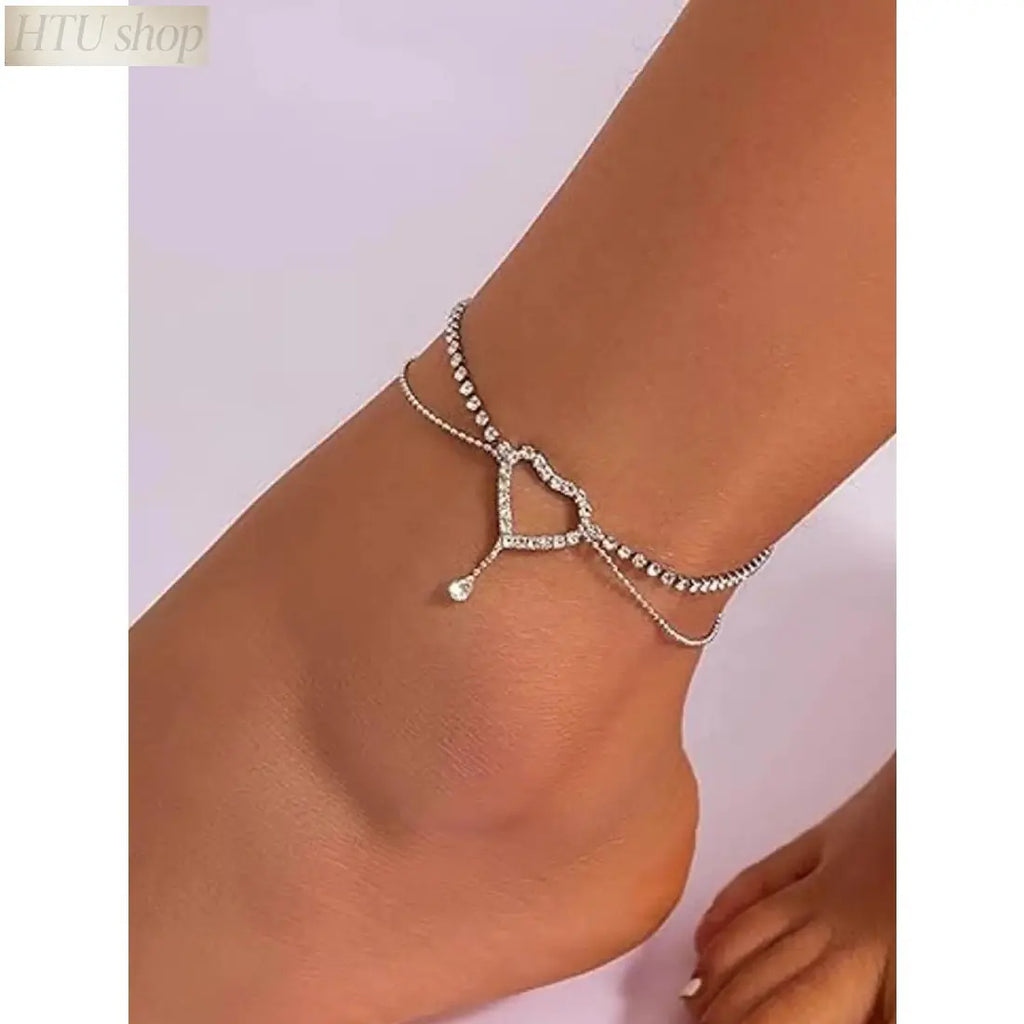 Elegant Heart Rhinestone Gems Anklet for Women - Stainless Steel Chain Foot Jewelry with Rhinestone Accents, Light Luxury Casual Style, Ideal for Daily Wear, Beach Date Night Gift, Wearable Jewelry,sohochic