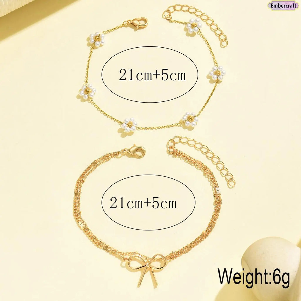 Women's Pearl Flower Layered Bow Charm Anklet Set - Trendy Fashionable Accessories, Aesthetic Anklets for Summer Beach Vacation & Daily Wear