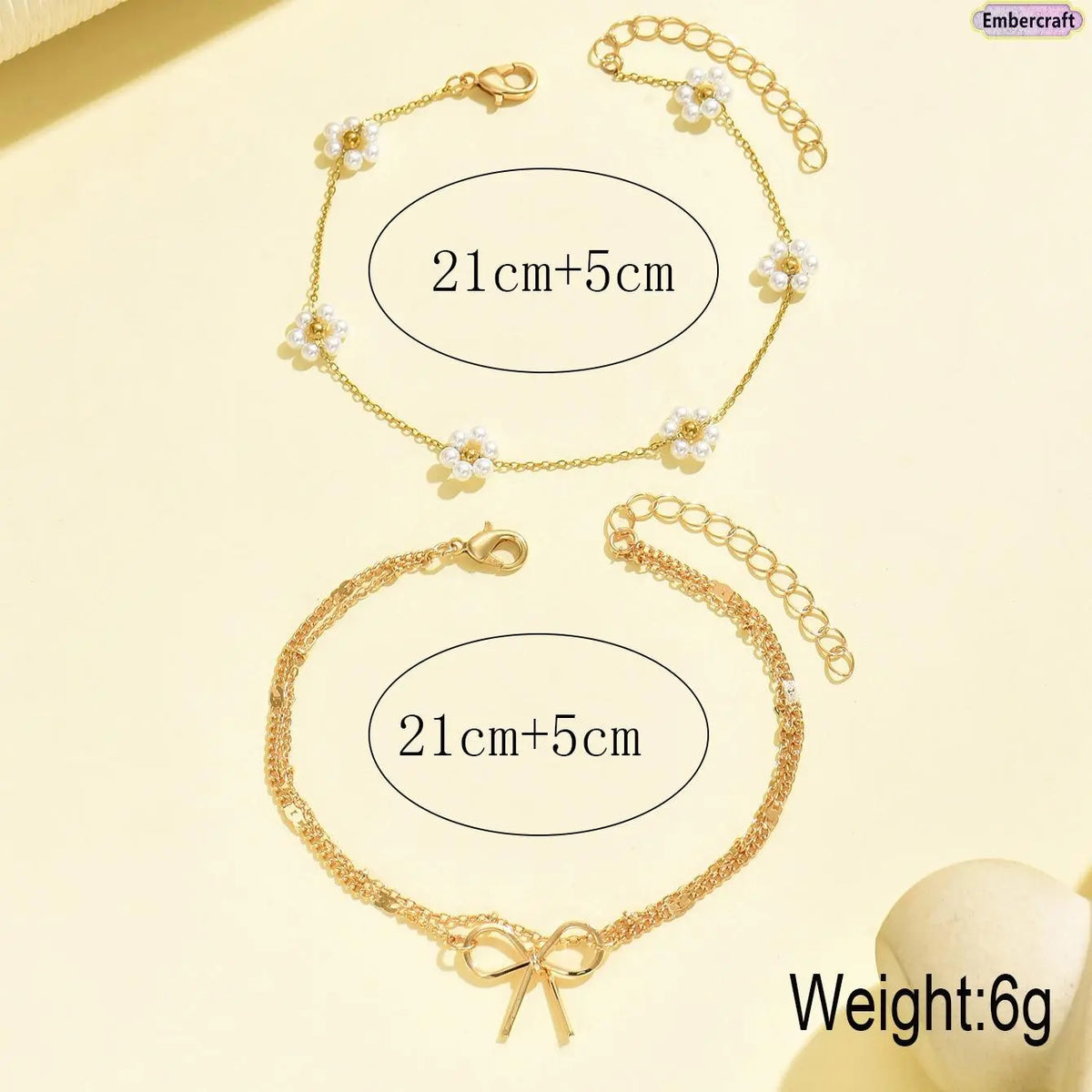 Women's Pearl Flower Layered Bow Charm Anklet Set - Trendy Fashionable Accessories, Aesthetic Anklets for Summer Beach Vacation & Daily Wear