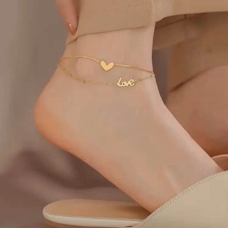 Luxury Double Layer Heart Beach Anklet for Girls Stainless Steel with Waterproof Gold Plating Fine Jewelry