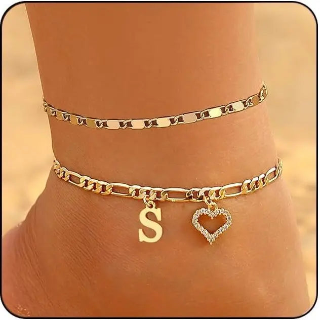 Women's Initial Heart Charm Anklet - Adjustable Gold-Plated Waterproof Anklets for Women with Gold Accents, Ideal for Summer Beach Wear or Romantic Gifting, Gold Accents Anklets