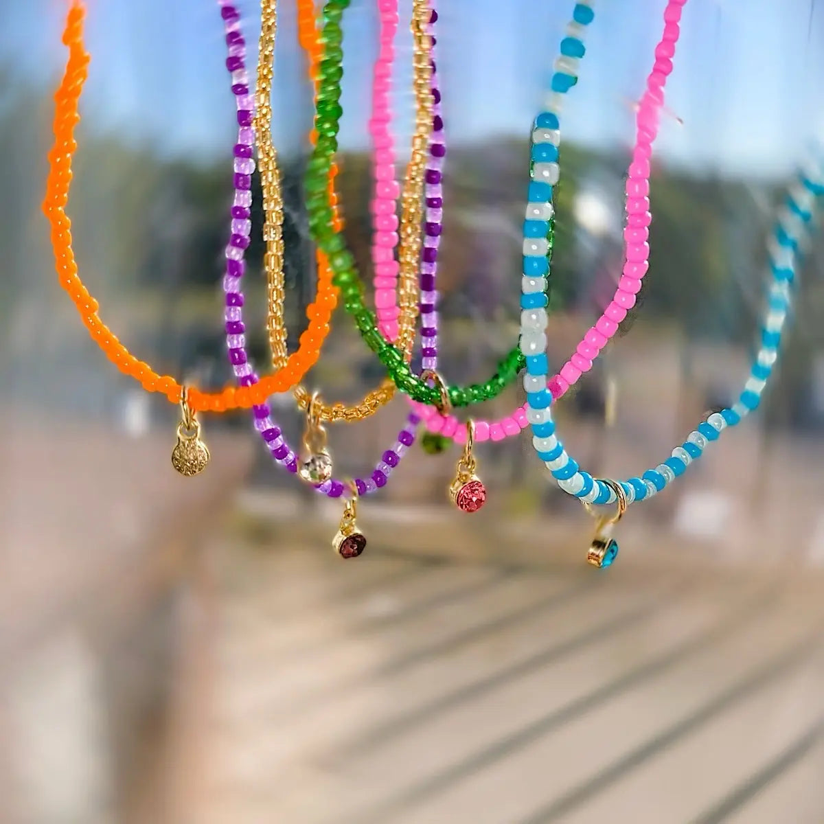 Indigo Z Creations Beaded Anklet Bracelet with Charm - Made with Elastic Band, Not Real Gems, Colorful Beads in Various Shapes