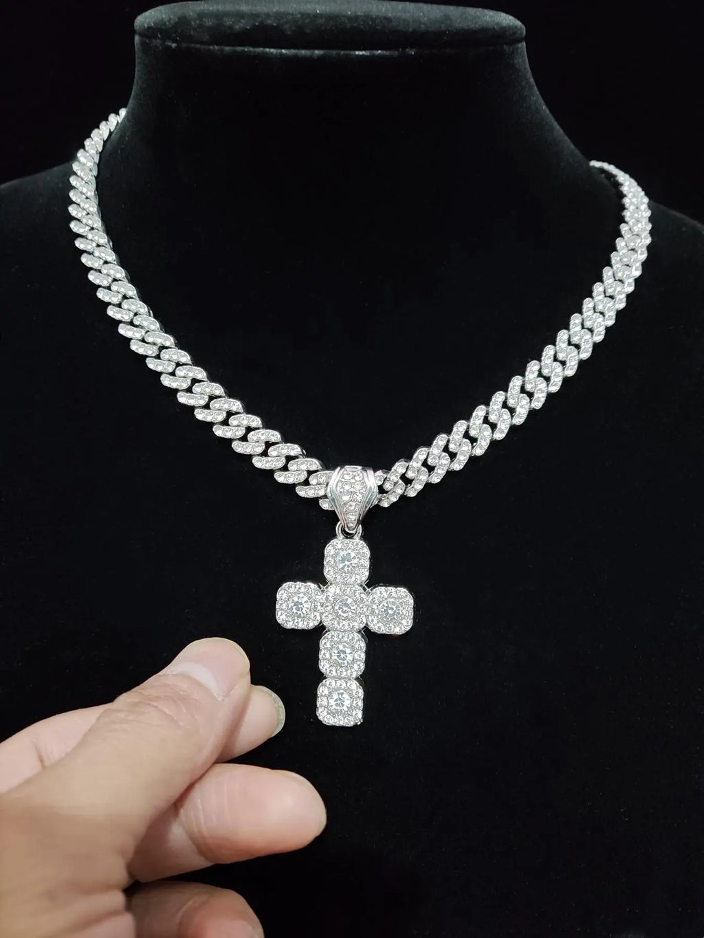 Fashion Cross Design Pendant Fully Rhinestone-Decorated Cuban Link Chain Necklace, Unisex Casual Jewelry for Party and Daily Wear