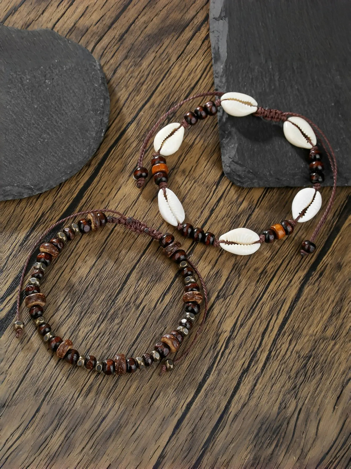 Boho Ethnic Shell Wood Bead Coconut Shell Anklet, Adjustable Woven Beach Vacation Bracelet, Men's Fashion Foot Jewelry, Fashionable Accessory