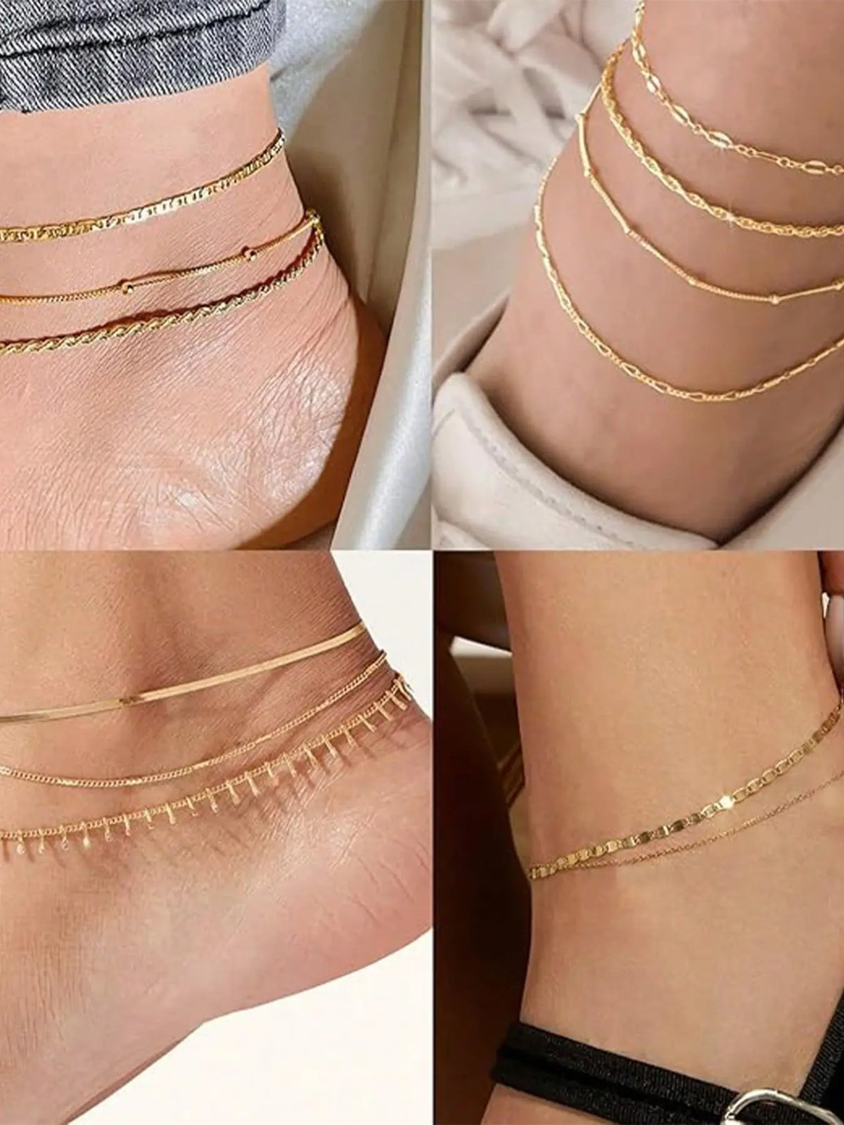 5pcs/Set Gold Multilayer Bohemian Style Snake Chain & Lotus Chain Anklet Bracelet Set, Adjustable Bohemian Aesthetic Summer Beach Trendy Jewelry, Boho Anklet Foot Jewelry