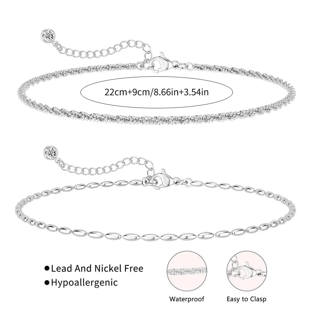2 PCS Stainless Steel Anklet Bracelets Set for Women Waterproof Cuban Link Anklet Beaded Bracelets Adjustable Bracelets Jewelry Summer Beach Vacation Dating Gift Valentine's Day Gift