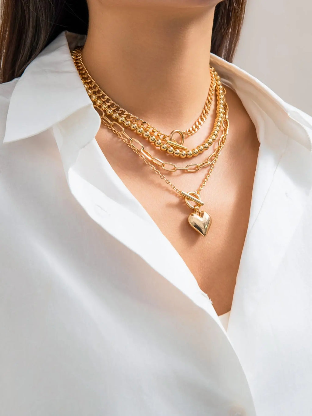 Women's Punk Style Love Heart Necklace & Beaded Necklace, Stackable Clavicle Chain, Multilayer Necklace, Layered necklaces, Stacking Necklace, 4pcs/set Ot Buckle Design Matching Necklaces, Chic All-match As Gift for Girlfriend, Exquisite Jewelry Gift