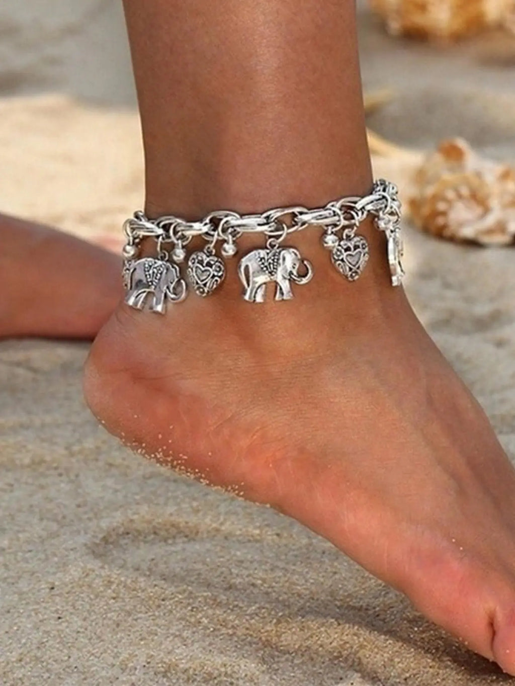 Women's Elephants & Hearts Design Charm Anklet As Valentine's Day Gift for Girlfriend, Trendy Fashionable Accessories, Fashionable Boho Animal Charm Anklet, Adjustable Durable Alloy Ankle Jewelry, Trendy Jewelry for Beach Party