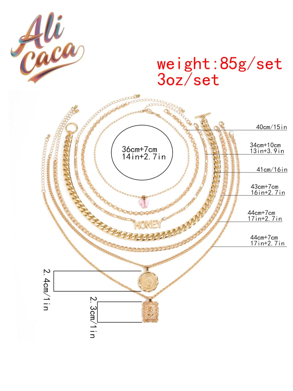 7-Piece Golden Layered Y2K Necklace Set with 'HONEY' Letter, Butterfly & Coin Charms Edgy Chic Accessory, Fashion Matching Boho Style Necklace for Daily, Party & Music Festival