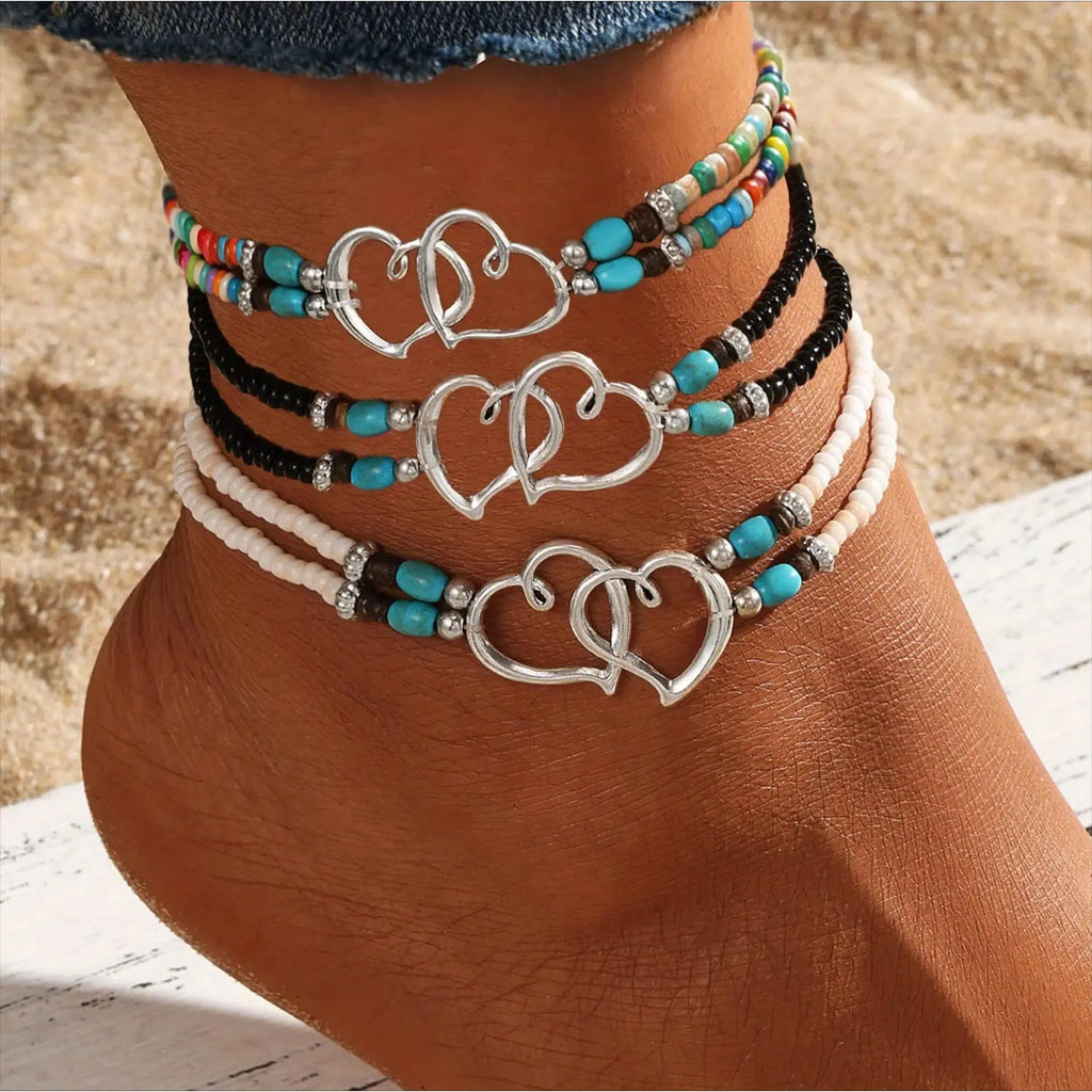 Female 3-Piece Boho Charm Anklets - Multi-Layered Beaded Heart Alloy Jewelry, Leisure & Outdoor Accessory for Summer Beach Vacation